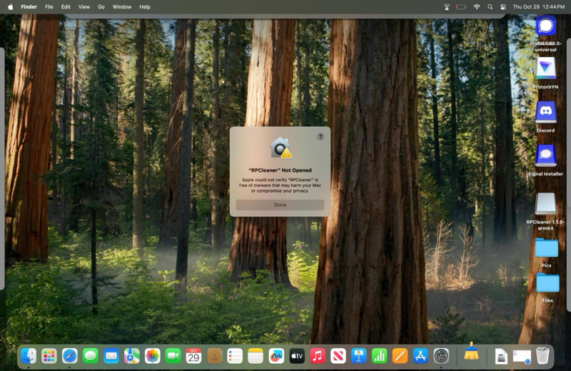 macOS Gatekeeper dialog: RPCleaner Not Opened