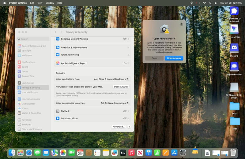 Privacy and Security showing Open Anyway button for RPCleaner